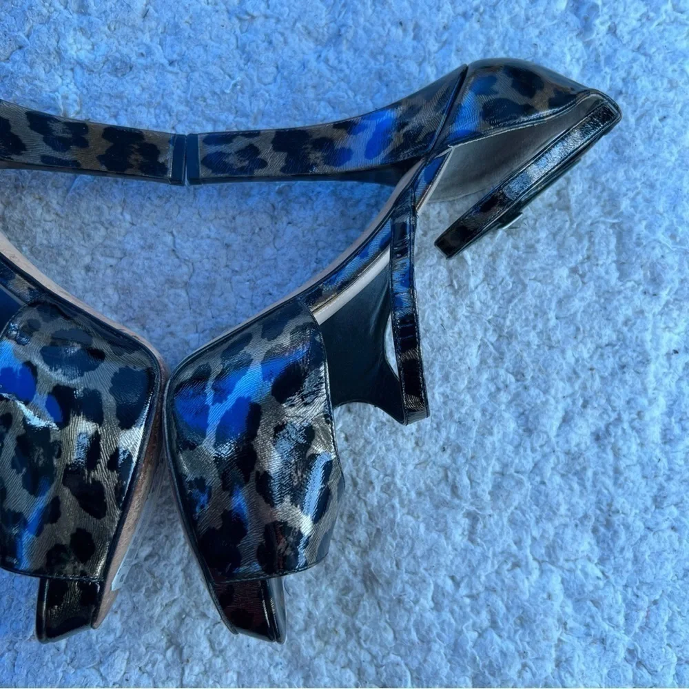 Via Spiga: Metallic Leopard Print Peep Toe D'Orsay Ankle Strap Platform Heels